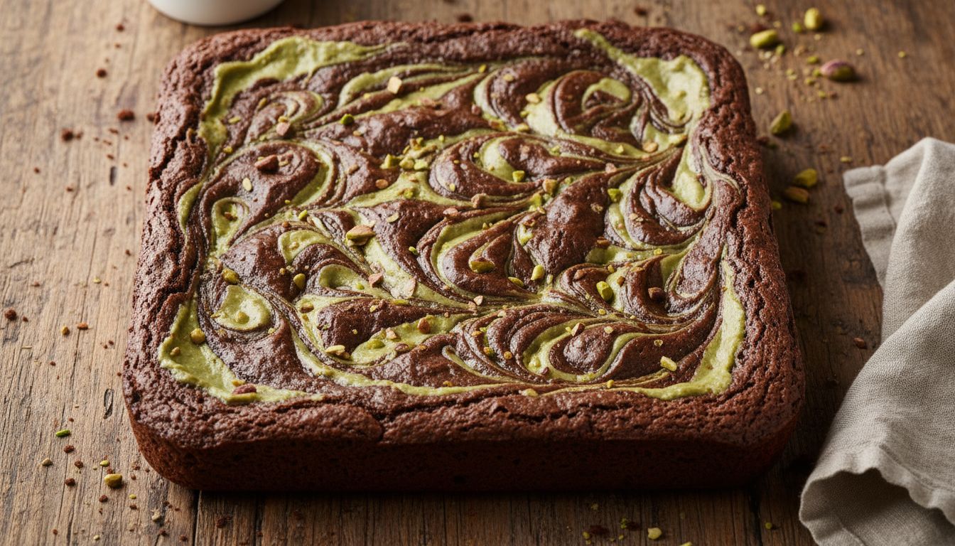 피스타치오 스프레드를 마블링하여 구운 브라우니의 고화질 실사 이미지