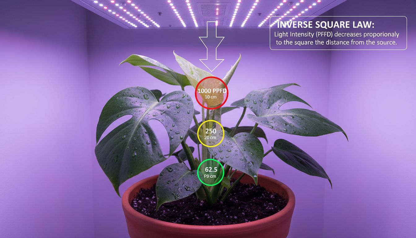 LED 식물등과 식물 사이 거리와 빛 세기 변화를 PPFD 지표와 함께 설명하는 이미지