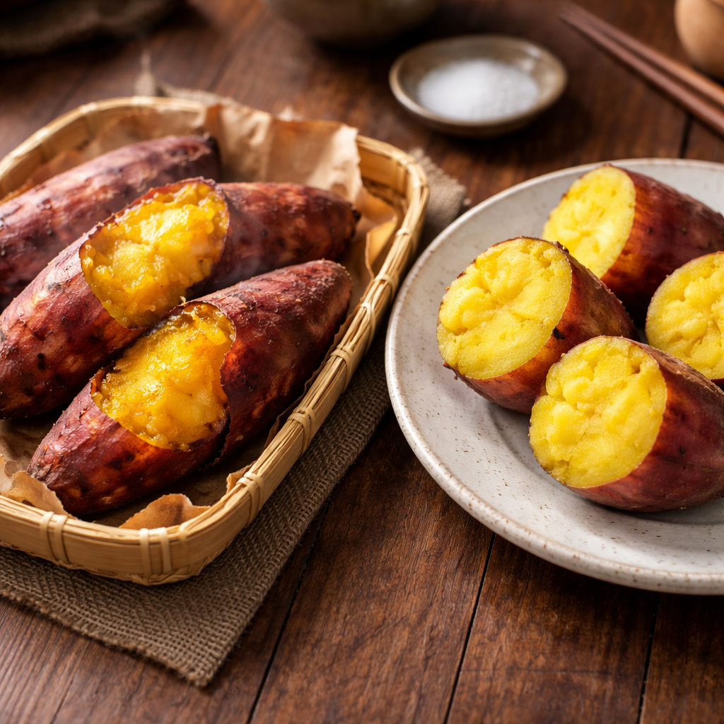 고소하고 촉촉한 베니하루카 군고구마와 찐고구마가 각각 나무 접시와 도자기 접시에 담겨 있는 모습