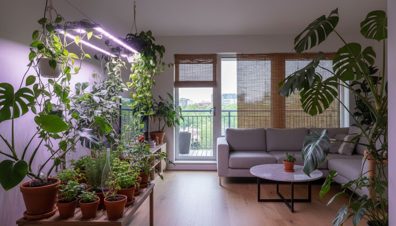 햇빛이 부족한 실내에서 다양한 식물들이 풀스펙트럼 LED 식물등 아래 건강하게 자라는 모습