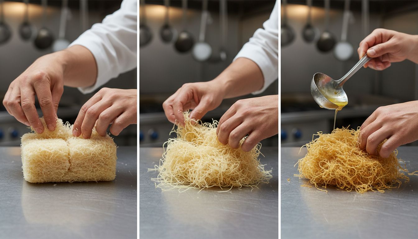 카다이프 해동하고 가닥을 부드럽게 풀어 버터에 코팅하는 조리 과정 이미지