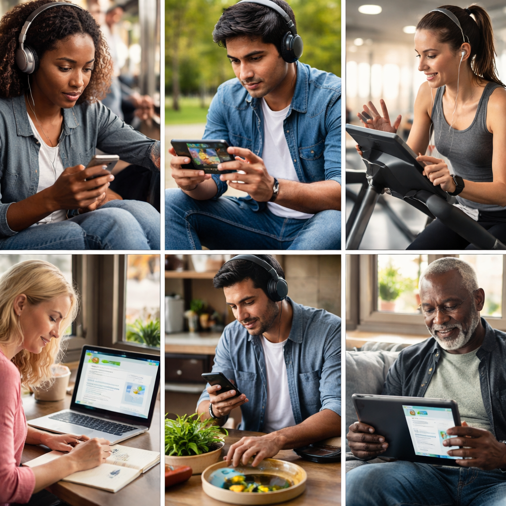 다양한 사람들이 출퇴근길, 운동, 휴식 중 스마트폰, 태블릿, 노트북으로 텍스트, 오디오, 비디오, AI 학습 스타일을 이용하는 모습