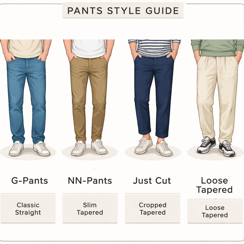 그라미치 팬츠 4가지 모델(G-Pants, NN-Pants, Just Cut, Loose Tapered)의 핏과 실루엣 비교 차트