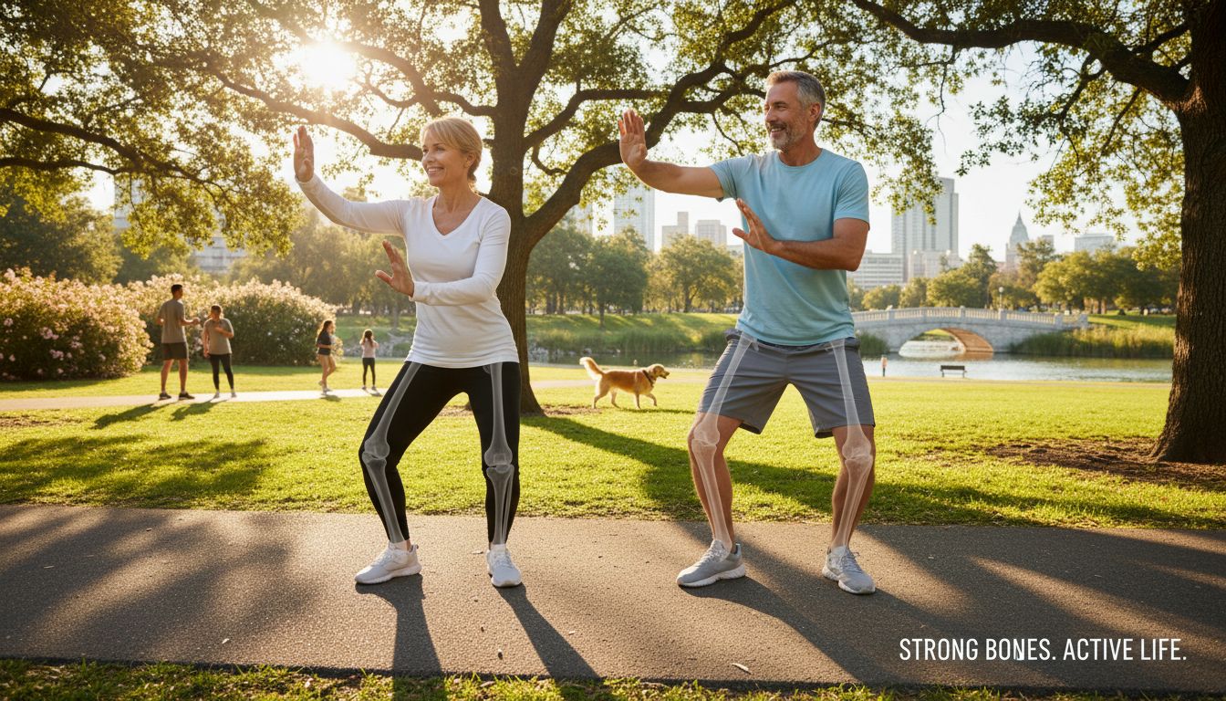 중장년층 남녀가 밝고 건강하게 야외 운동을 하는 모습, 뼈 건강을 상징하는 이미지