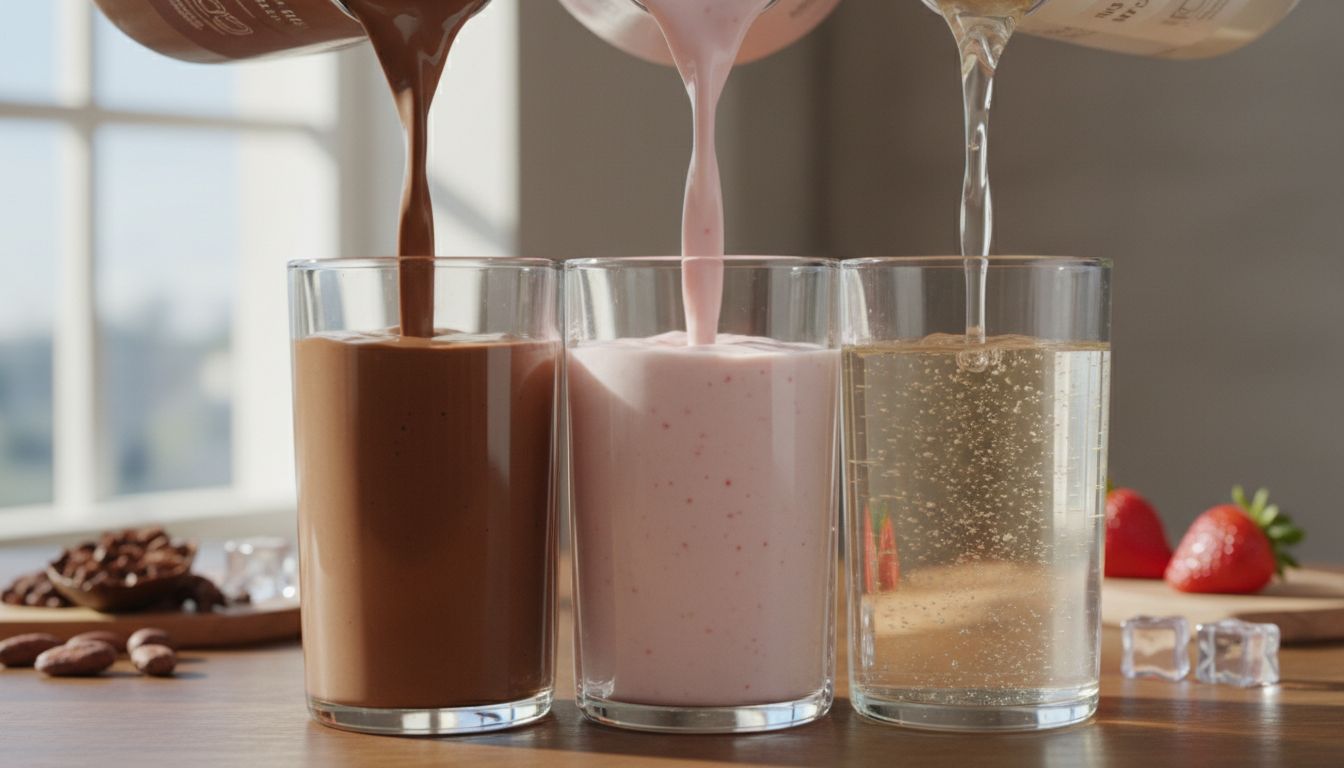 초콜릿, 딸기 밀크쉐이크 및 투명한 라이트 프로틴 쉐이크를 유리잔에 부어 부드러운 질감을 강조한 클로즈업 이미지