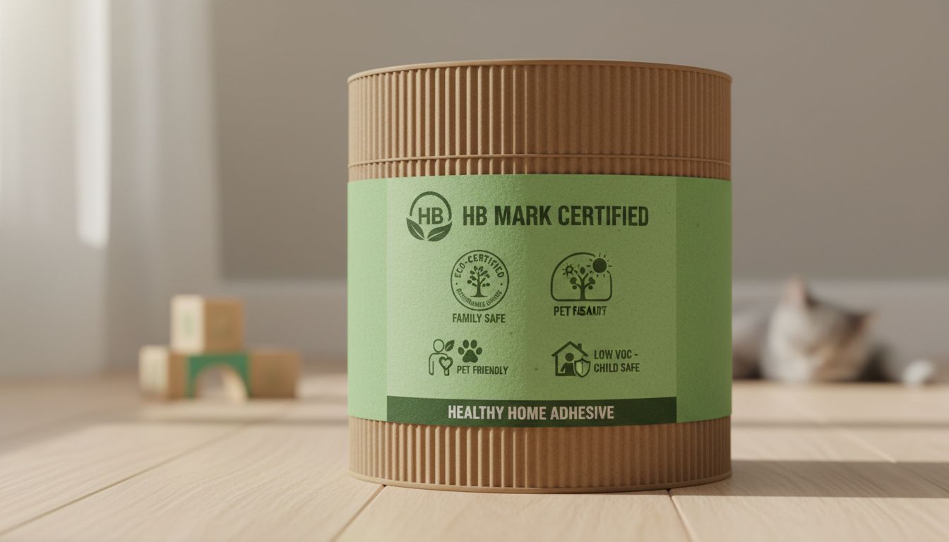 친환경 강마루 본드 패키지 클로즈업 이미지, 건강과 안전을 강조하는 라벨