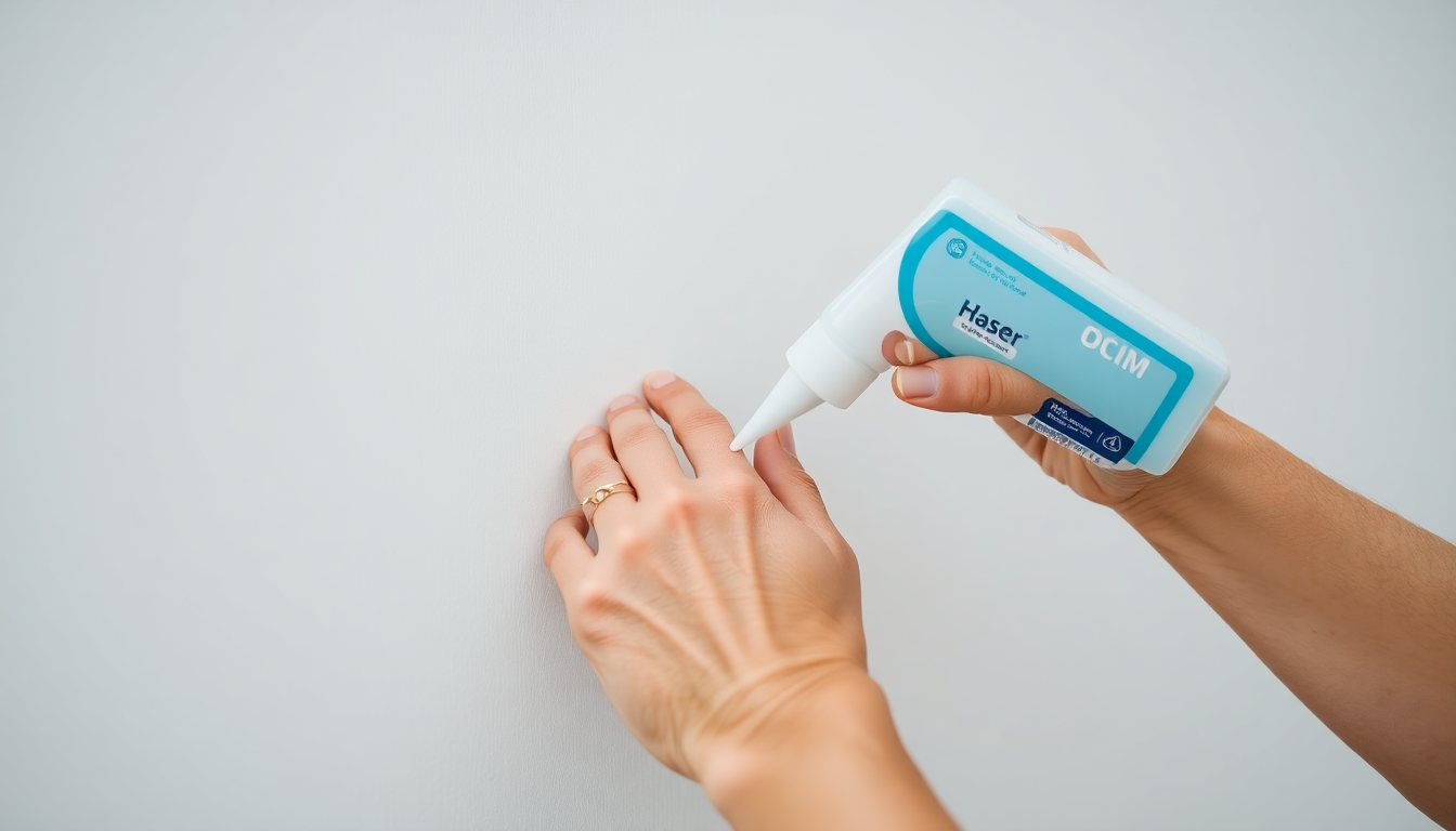 실내 벽지를 붙이기 위해 수성 본드를 바르는 모습을 클로즈업으로 촬영한 이미지