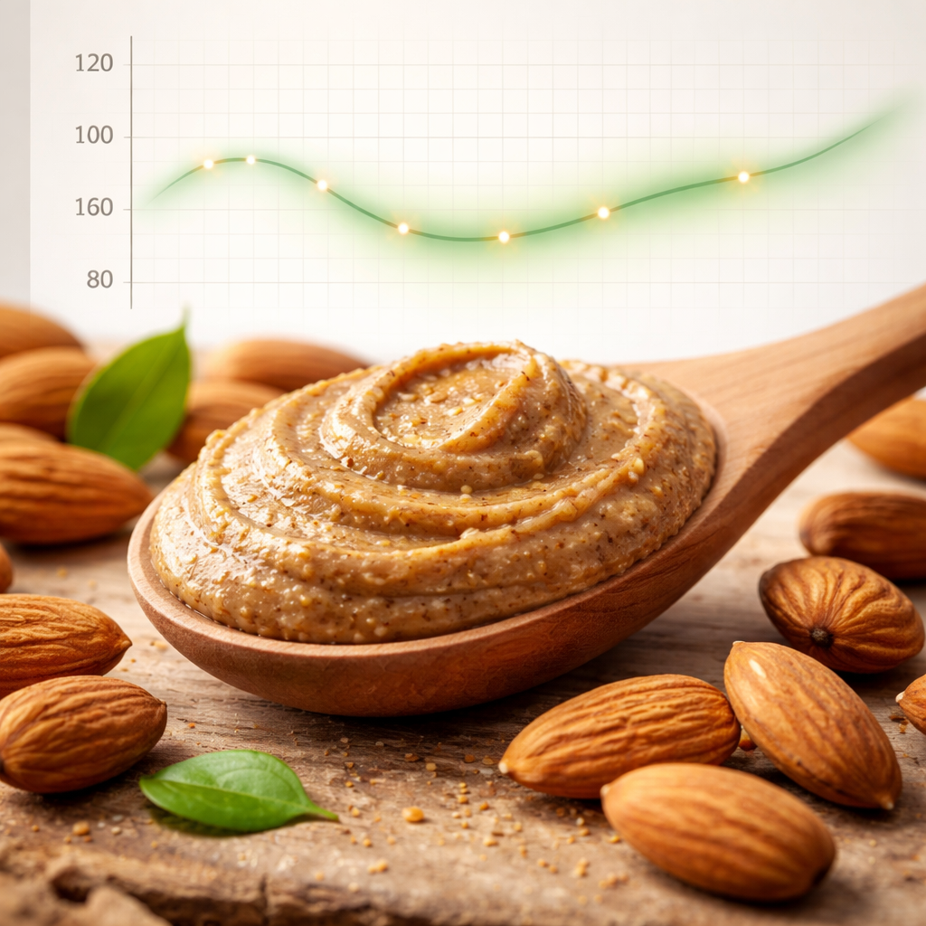 아몬드버터와 아몬드가 놓여 있고, 배경에 혈당 안정화를 나타내는 부드러운 혈당 그래프가 있는 고화질 실사 이미지