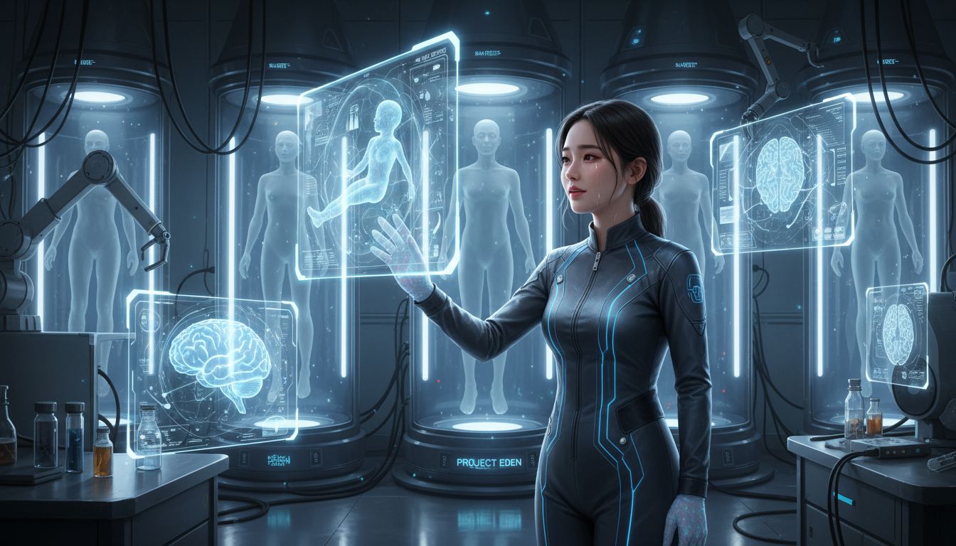 첨단 뇌 복제 기술이 사용되는 실험실에서 모성애와 인간 존엄성에 대한 철학적 질문을 담은 감동적인 장면