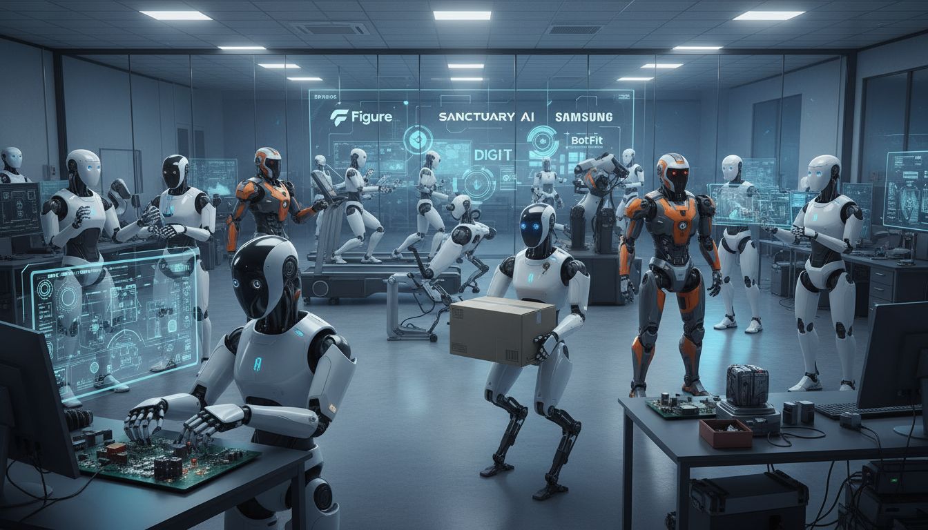 글로벌 주요 휴머노이드 로봇 기업들의 다양한 로봇들이 함께 있는 첨단 기술 연구소 이미지