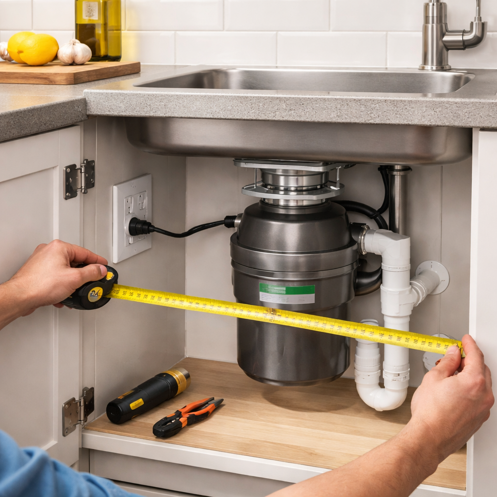 안전한 설치를 위해 주방 공간 치수를 재고 전원 콘센트 위치를 확인하는 모습과 소형 음식물처리기 설치 장면