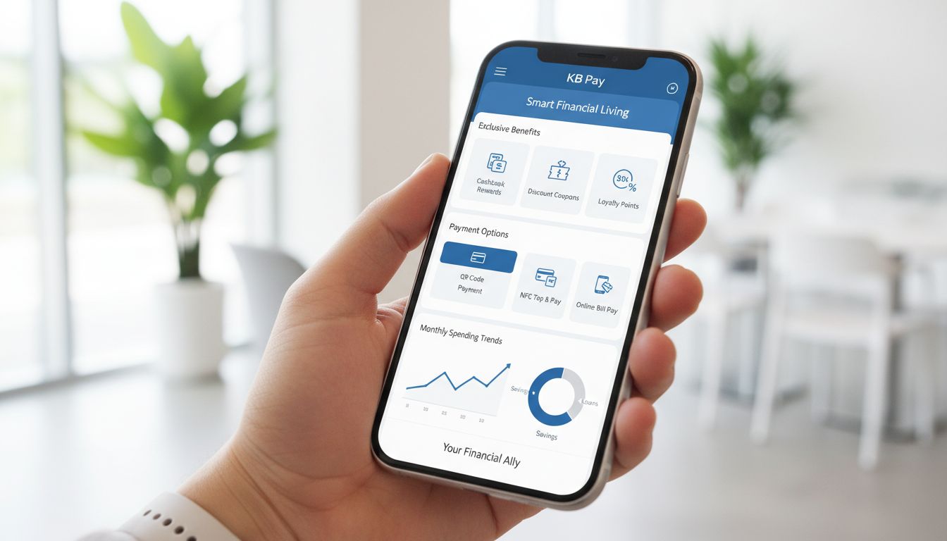 KB 페이 앱을 사용하여 금융 혜택과 스마트 결제 옵션을 확인하는 모습
