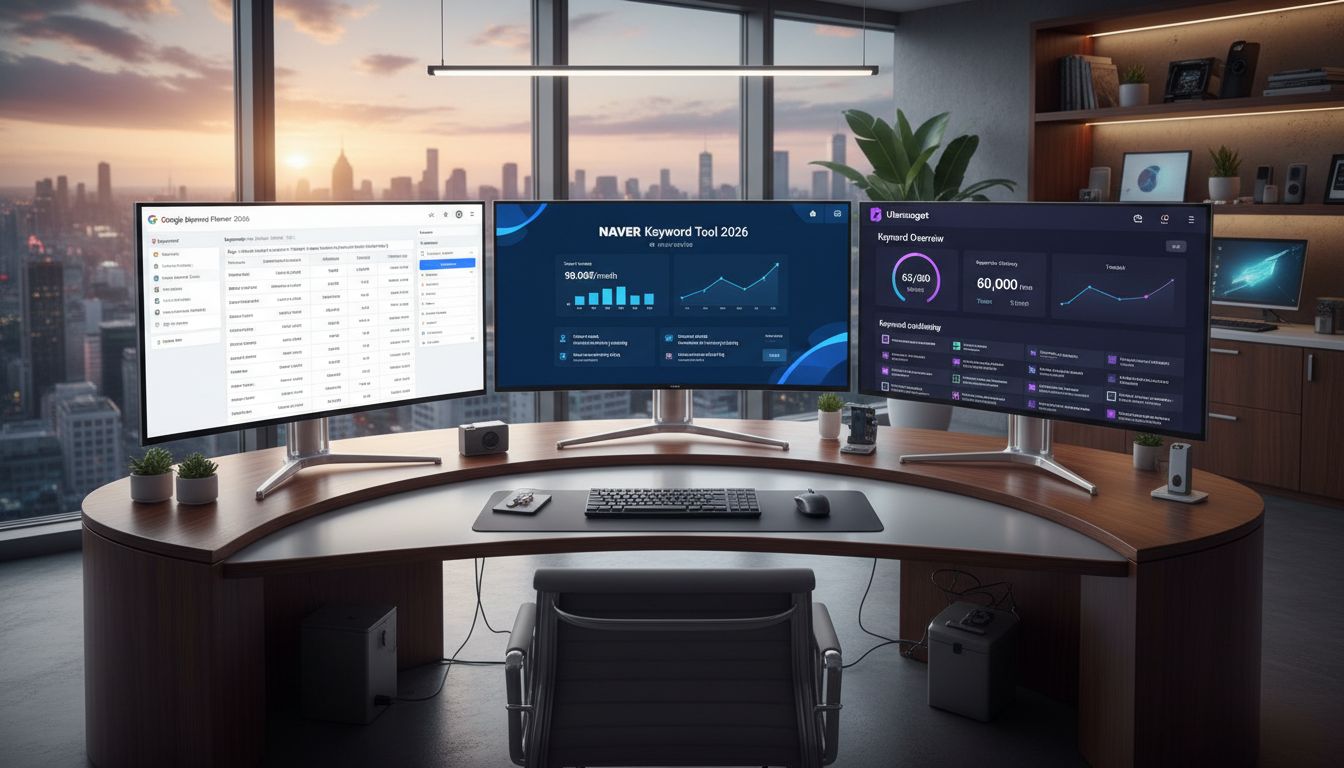 2026년 최신 키워드 검색량 도구들 화면이 여러 개 띄워진 현대적인 디지털 작업 공간 이미지