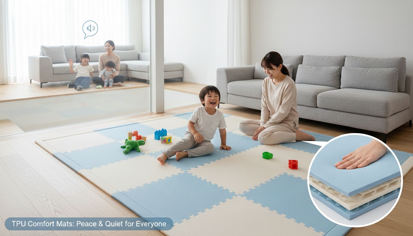 층간소음 걱정 없이 아이가 안전하게 노는 TPU 매트가 깔린 거실 장면