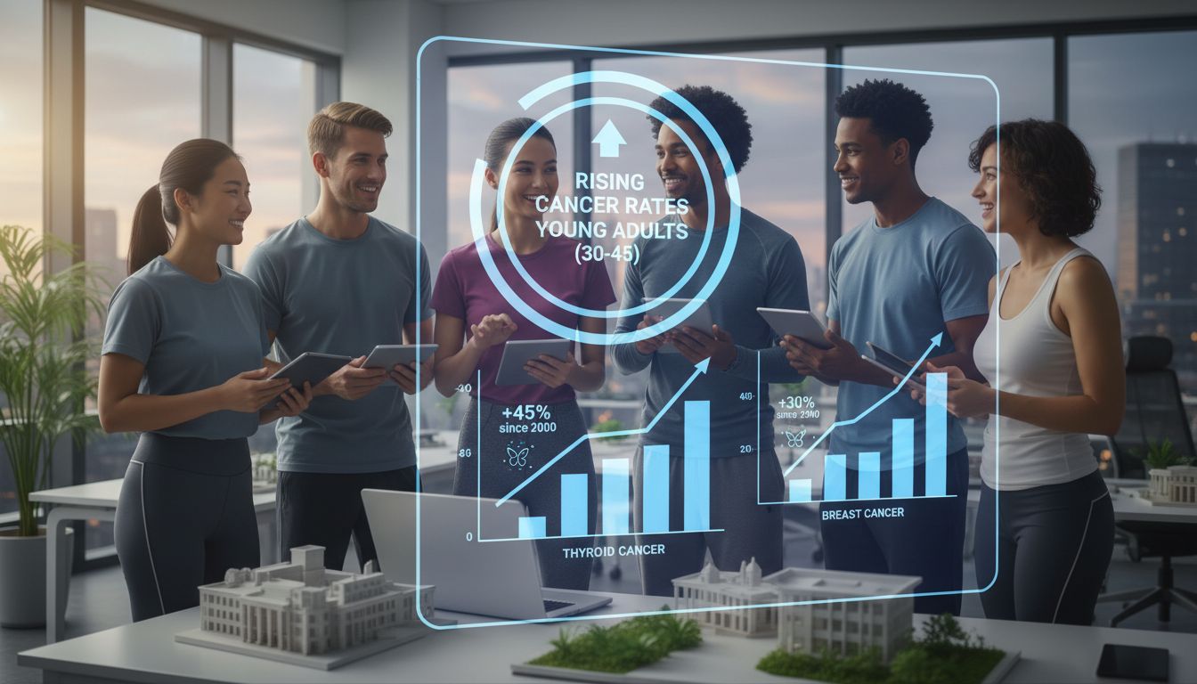 30대 건강한 젊은 성인들이 미래를 대비하는 모습과 함께 암 발생 증가 추세를 나타내는 의료 데이터 차트 이미지