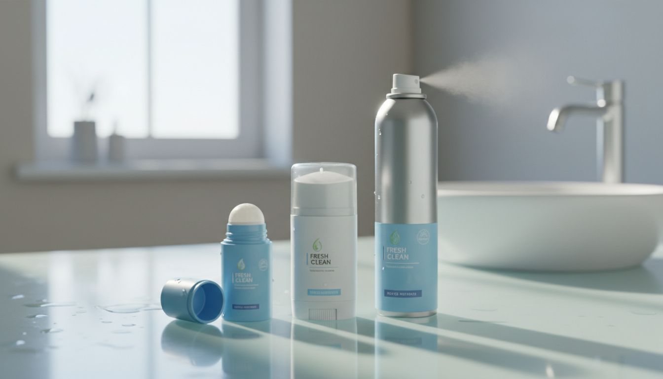 스틱, 롤온, 스프레이 데오드란트 제품들이 신선하고 깔끔한 배경 위에 배치된 모습