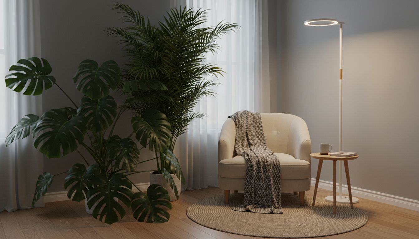 몬스테라와 아레카야자가 있으며 식물등이 빛을 비추는 아늑한 침실 코너