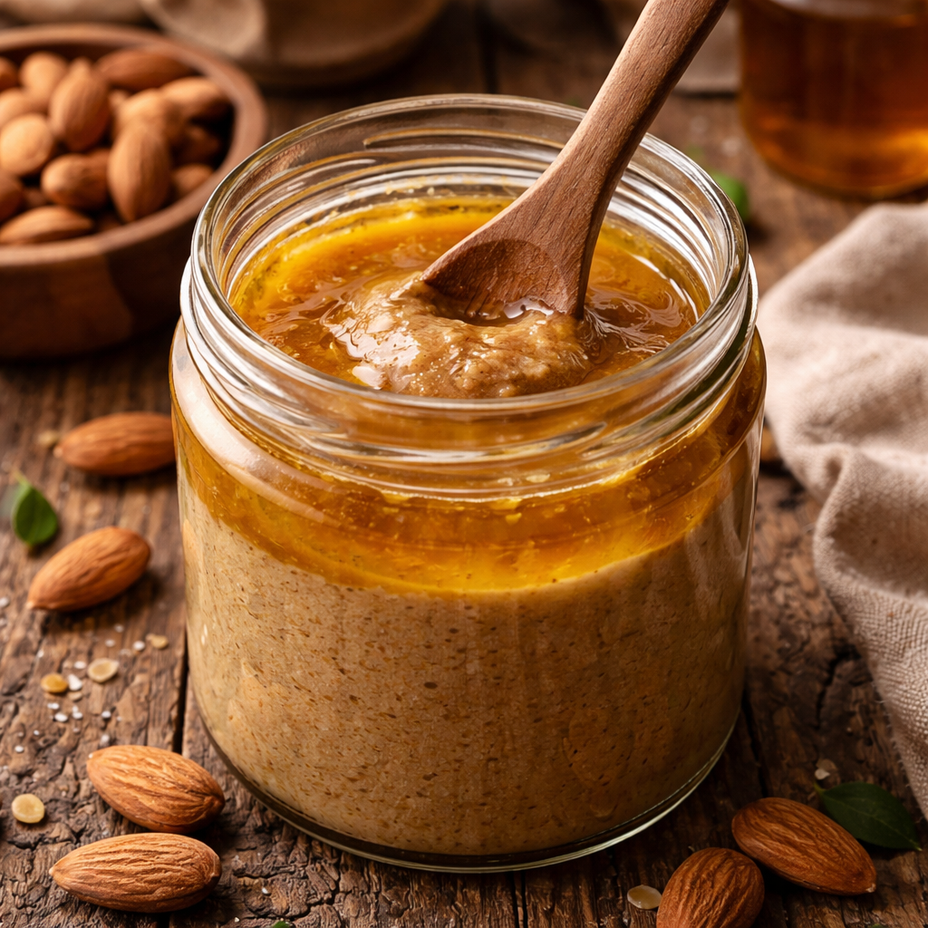 아몬드 기름이 분리되어 표면에 고여 있는 천연 아몬드버터와 나무 스푼으로 저어 부드럽게 만드는 모습의 사진