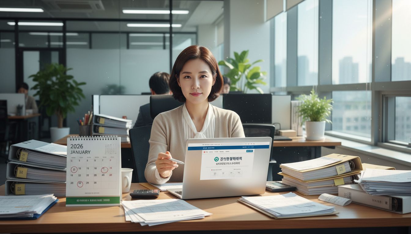 2026년 1월에 연말정산 준비 중인 직장인의 책상과 서류 모습