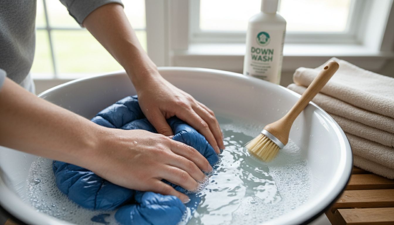 부드럽게 손세탁하는 아이 다운패딩과 주변 세탁용품 모습