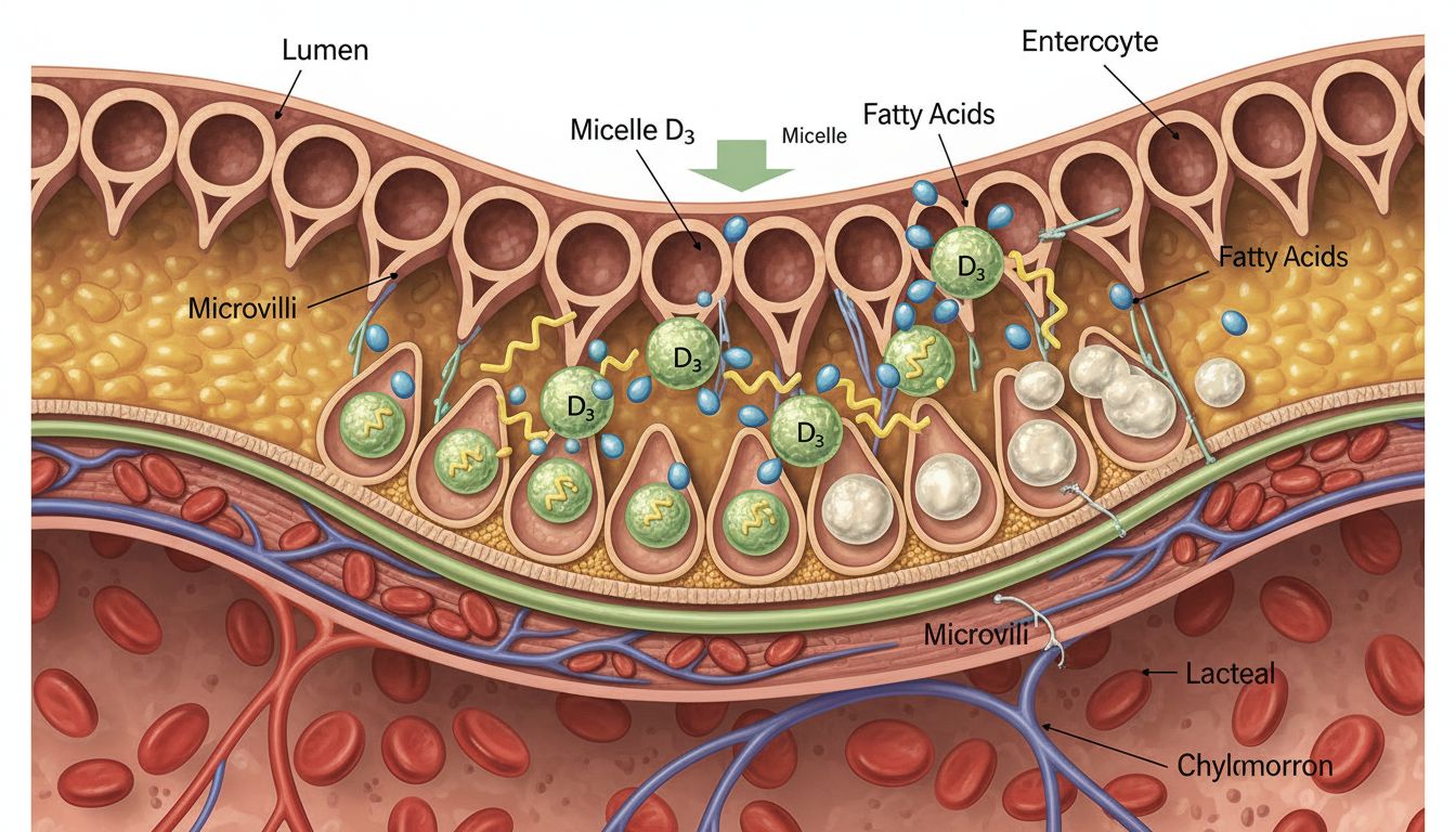소장에서 지방과 담즙산과 결합하여 흡수되는 지용성 비타민 D의 실사 스타일 설명 이미지