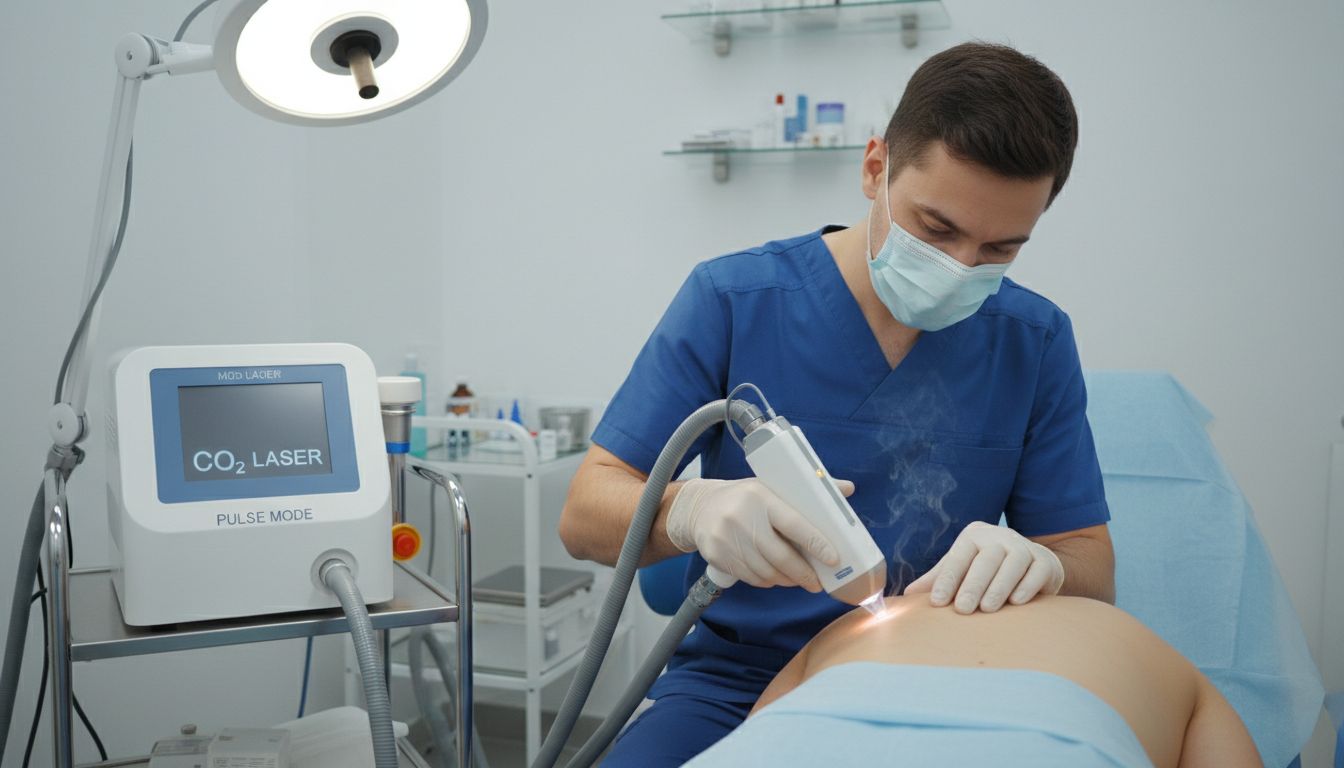 피부과 전문의가 깨끗한 시술실에서 이산화탄소 레이저로 쥐젖을 제거하는 장면의 실사 이미지