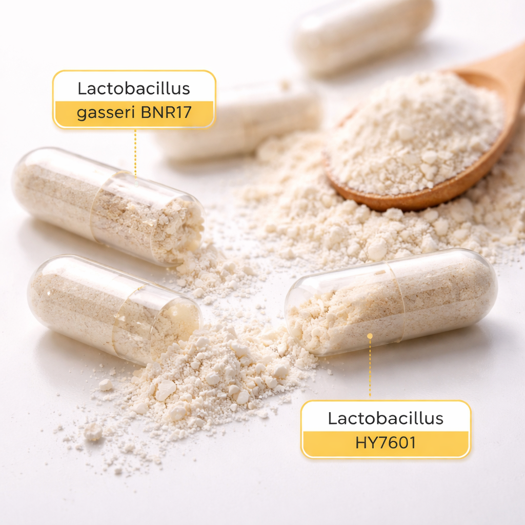 다이어트 유산균 주요 균주를 강조한 고화질 유산균 캡슐과 분말 이미지