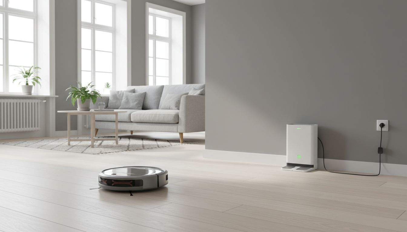 충전 스테이션이 직사광선과 열원에서 떨어진 실내에 설치된 모습과 로봇청소기가 충전되어 있는 장면