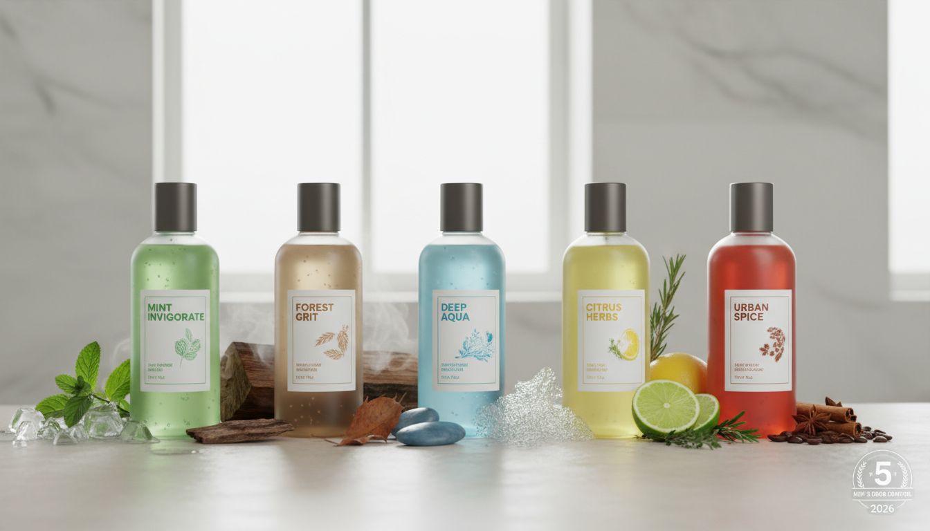 2026년 최신 남성용 체취 관리 제품 5종이 자연 성분과 함께 깔끔하게 진열된 모습