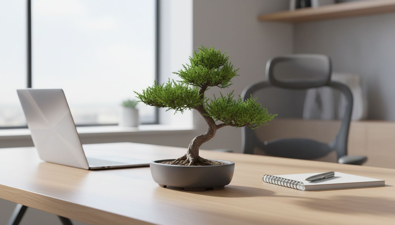 사무실 책상 위에 놓인 미니 분재로 공간의 품격을 높이는 모습