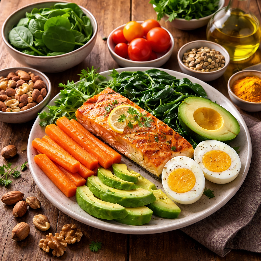 지용성 비타민이 풍부한 당근, 시금치, 연어, 견과류, 계란 등이 포함된 건강한 균형 잡힌 식사의 생생한 사진