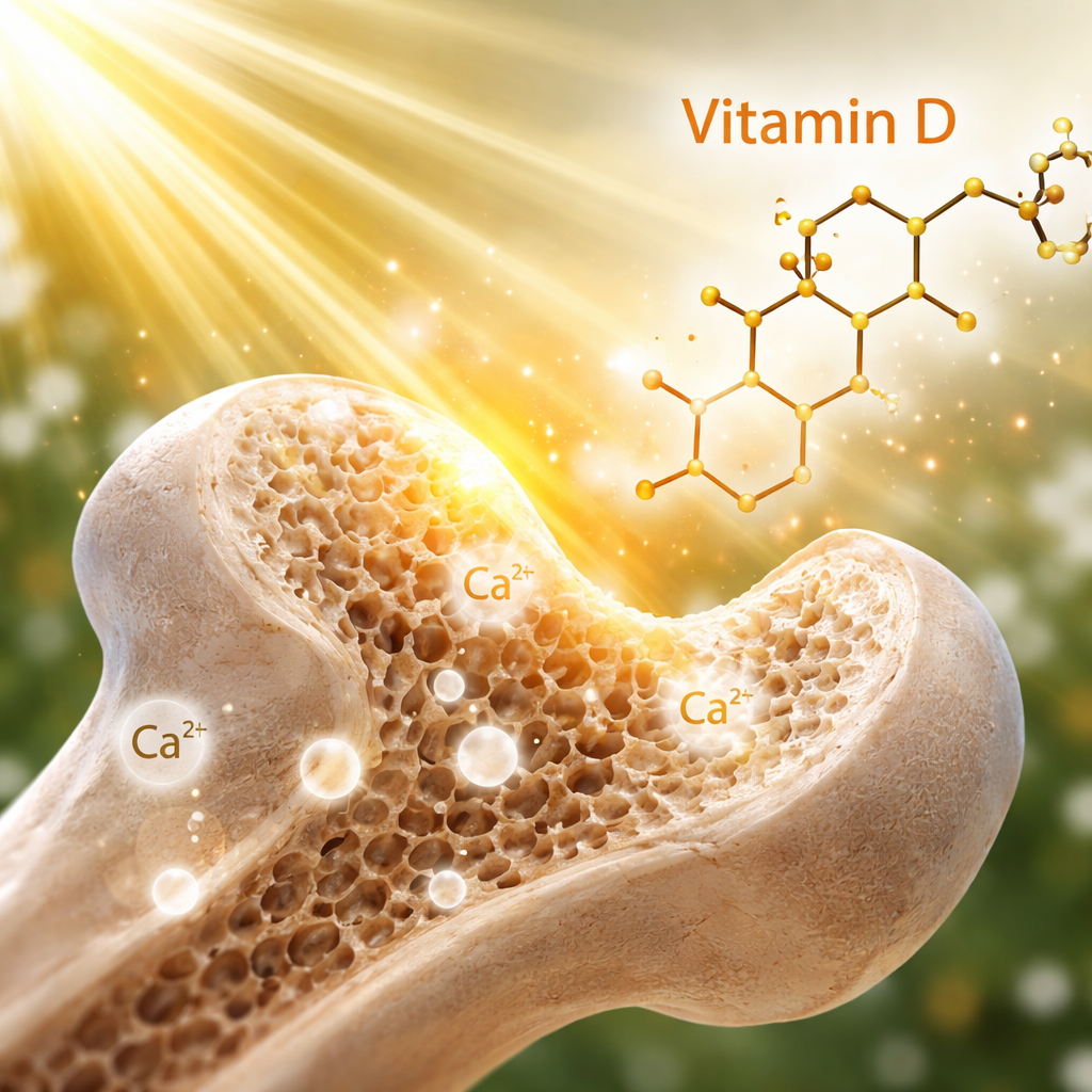 칼슘 흡수와 뼈 건강을 돕는 비타민 D와 햇빛을 상징하는 이미지