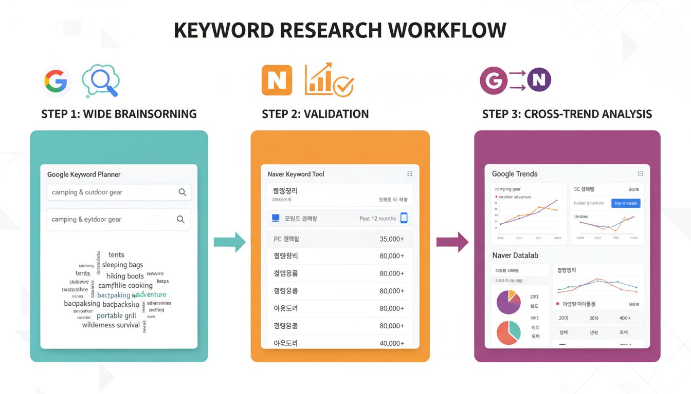 키워드 연구를 위한 3단계 워크플로우를 인포그래픽 스타일로 표현한 이미지, 구글 키워드 플래너로 아이디어 넓히기, 네이버 키워드 도구로 시장성 검증, 구글 트렌드와 네이버 데이터랩으로 트렌드 교차 분석