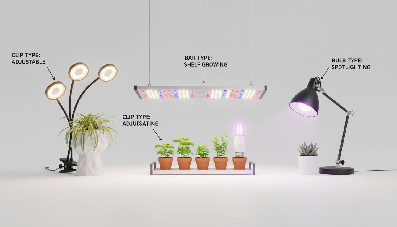 바 타입, 전구 타입, 클립 타입 등 다양한 형태의 LED 식물등을 보여주는 이미지