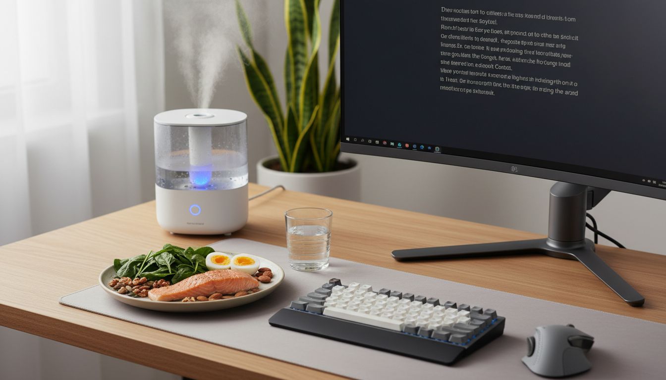 눈 건강에 좋은 음식과 촉촉한 환경에서 건강한 생활 습관을 유지하는 모습