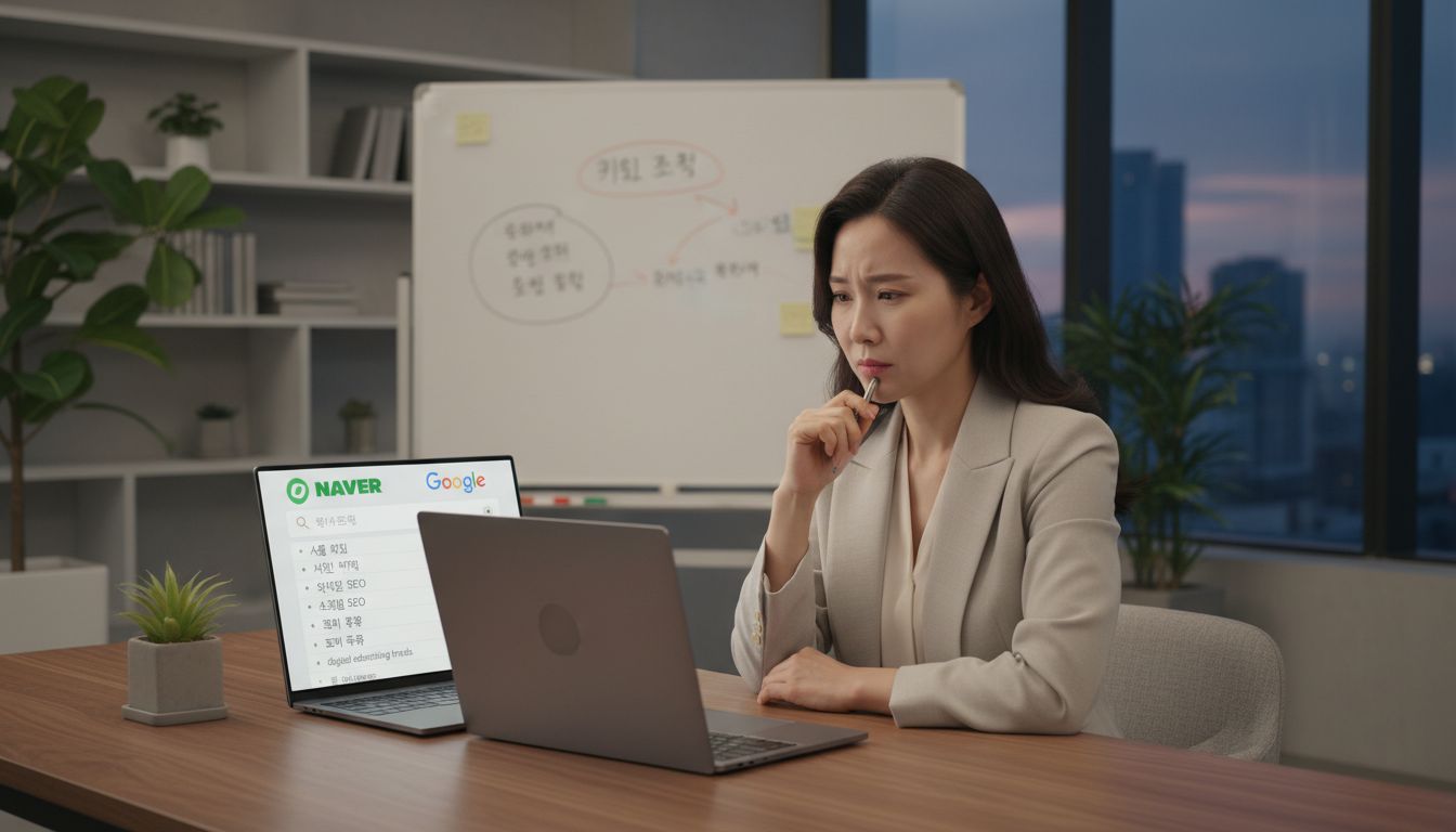 노트북 화면에 네이버와 구글 로고가 보이며 키워드 전략을 고민하는 중소기업 대표의 모습