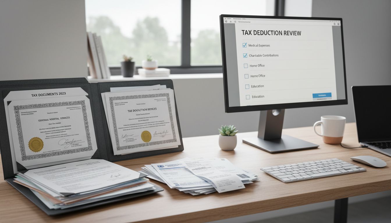 연말정산 체크리스트와 준비 서류가 정리된 작업 공간의 실사 이미지