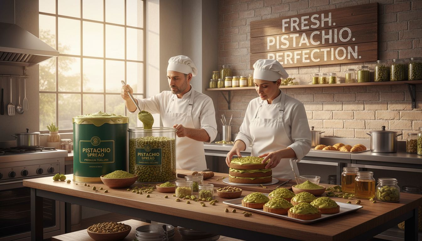고급 재료로 피스타치오 스프레드를 대용량으로 준비하는 모던 베이커리 주방의 모습