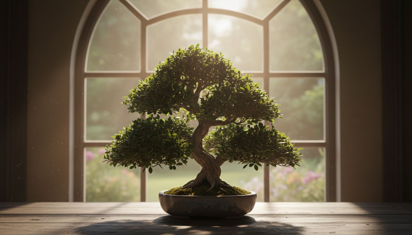 푸르고 짙은 녹색 잎과 촘촘한 가지가 돋보이는 청짜보 분재의 실사 이미지