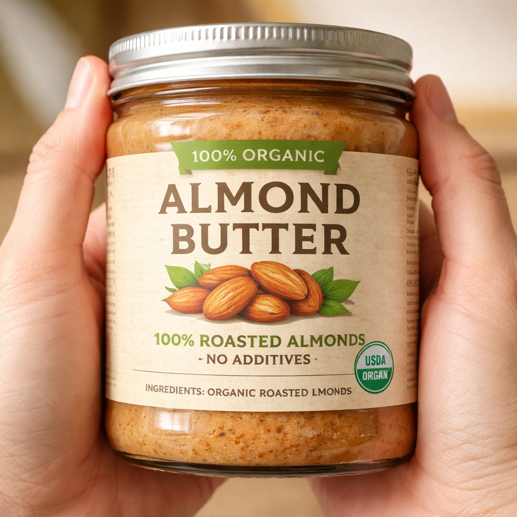 무첨가 100% 유기농 아몬드버터 원재료명과 성분표를 보여주는 모습