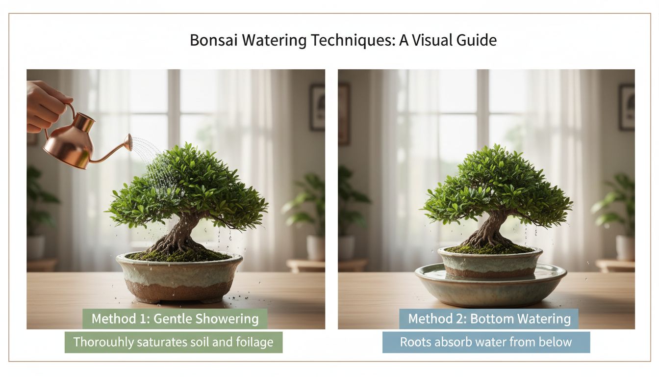 분재에 샤워기식 물주기와 저면관수 방법을 시각적으로 보여주는 단계별 이미지, 건강한 미니분재가 밝은 간접광 아래 통풍 좋은 실내 환경에서 자라는 모습