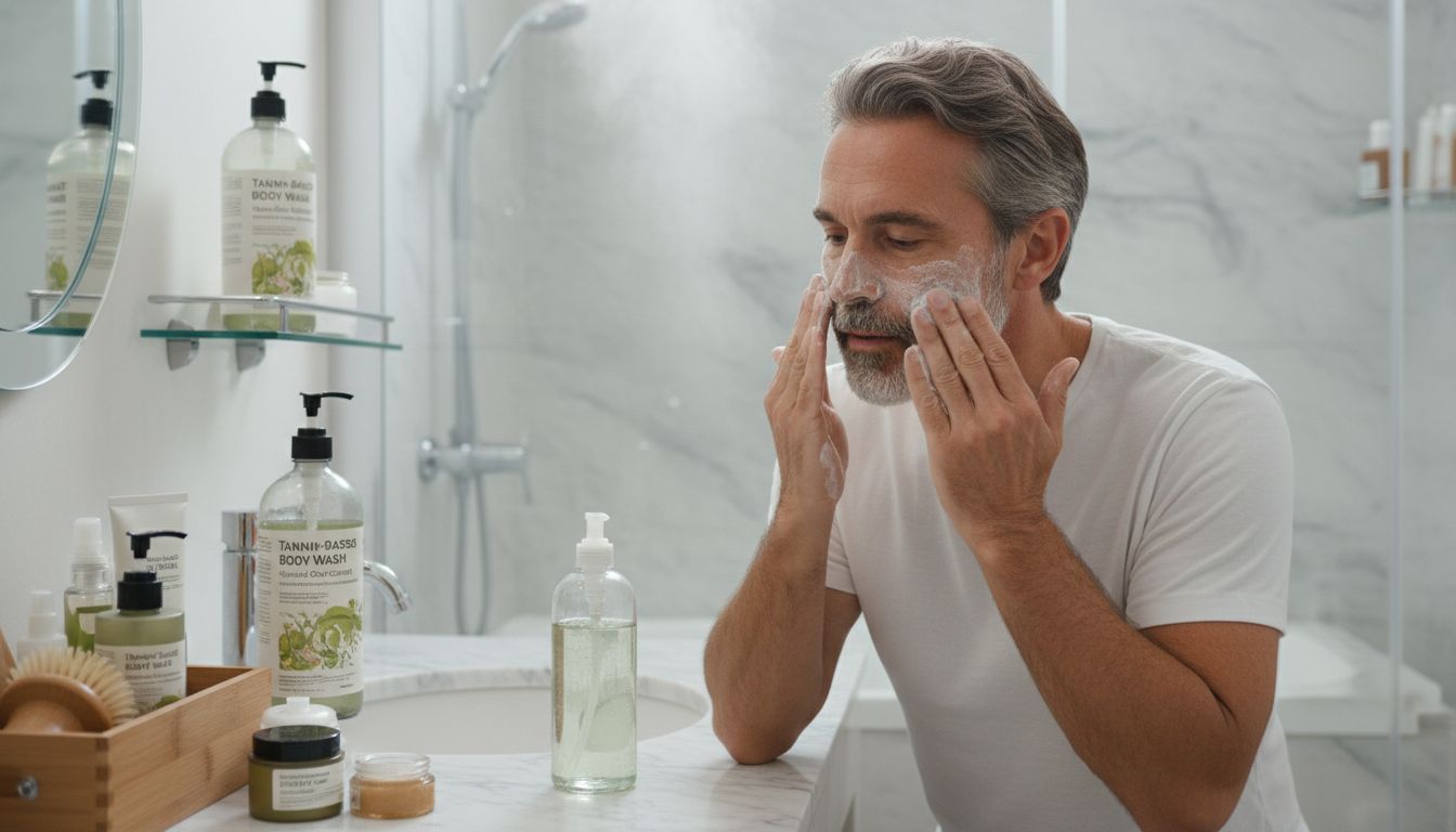 중년 남성이 노넨알 냄새 제거를 위해 전문 클렌저를 사용하며 위생 관리를 하는 모습