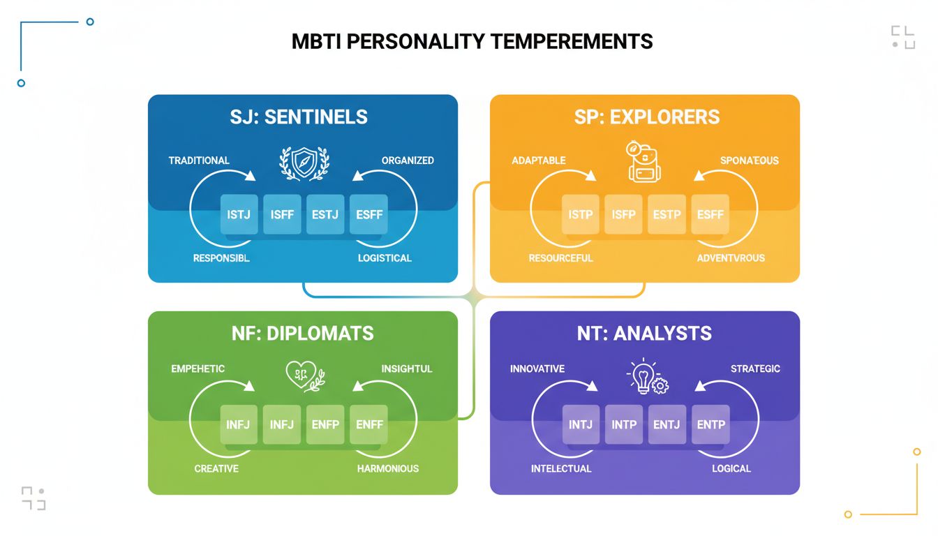 MBTI 16가지 유형을 4가지 기질별로 구분한 시각적 차트
