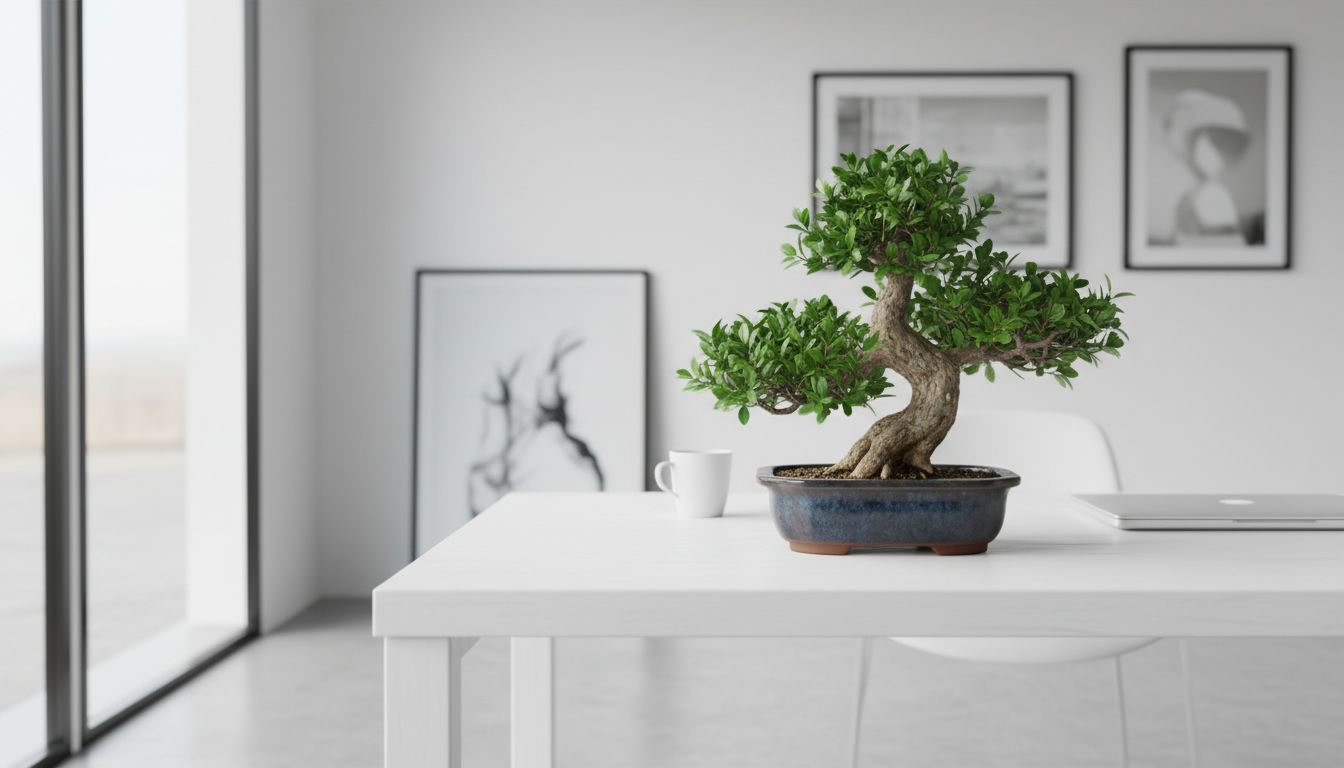 창가에 놓인 미니분재가 자연광을 받아 밝고 깔끔한 실내 공간의 포인트로 자리 잡은 모습
