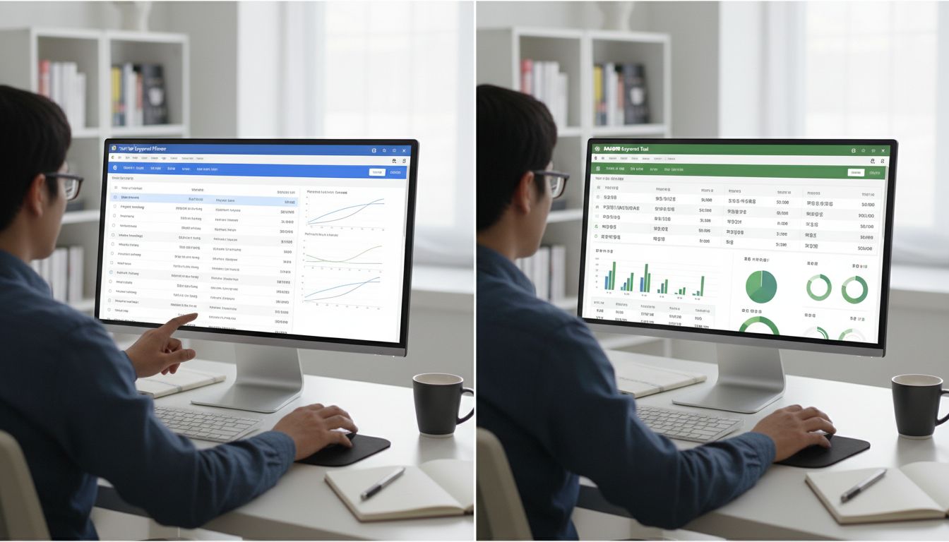 구글과 네이버 키워드 도구를 사용하여 각각의 데이터 특성을 분석하는 모습을 표현한 이미지