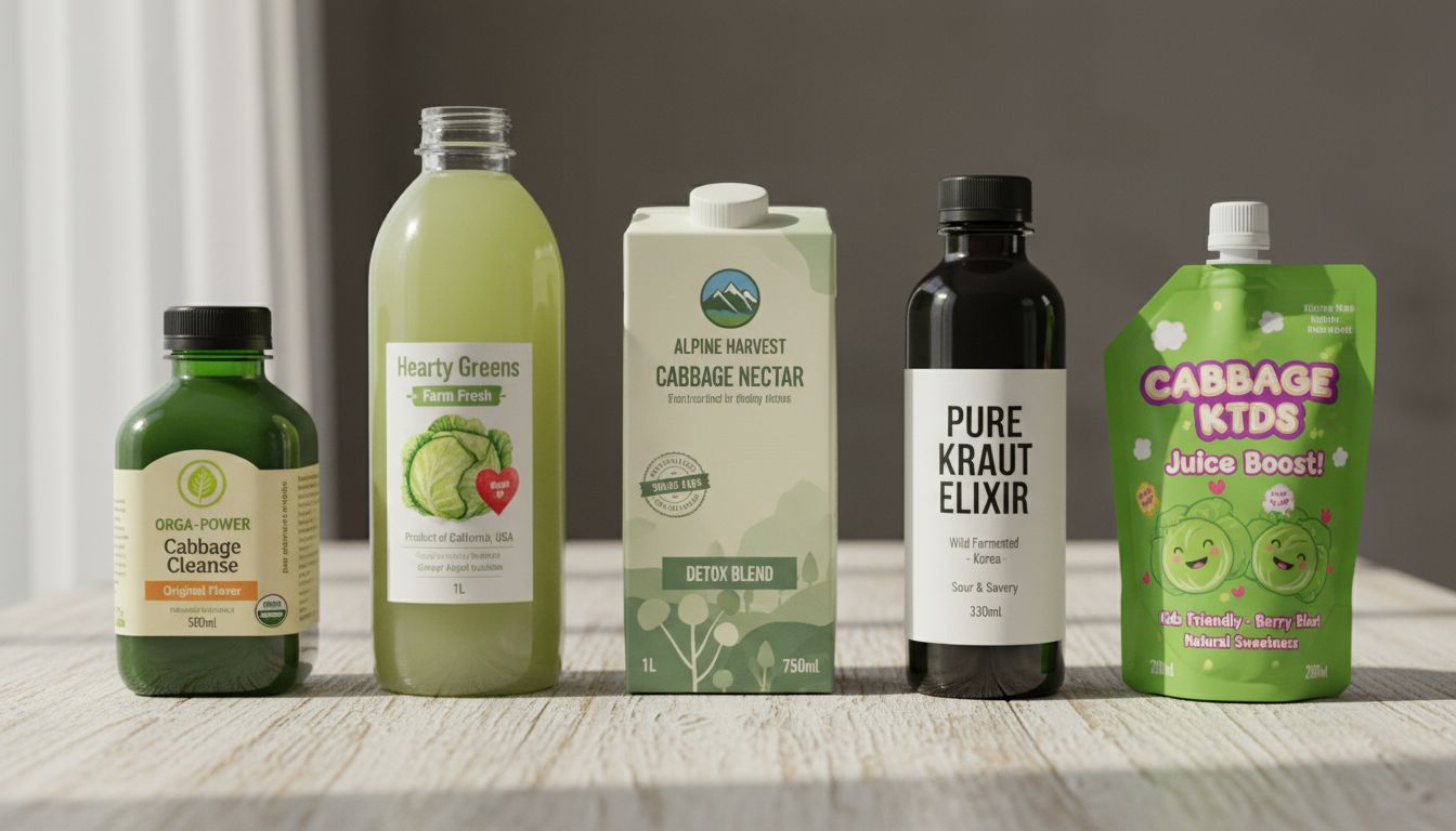 2026년 인기 양배추즙 베스트 5 브랜드가 자연광 아래 나무 표면에 정렬되어 있는 모습, 각 브랜드의 차별화된 특징들이 보이는 이미지