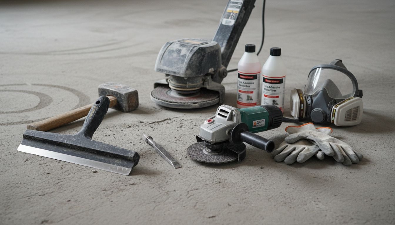 여러 가지 타일 본드 제거 도구가 콘크리트 바닥에 깔끔하게 정리된 모습