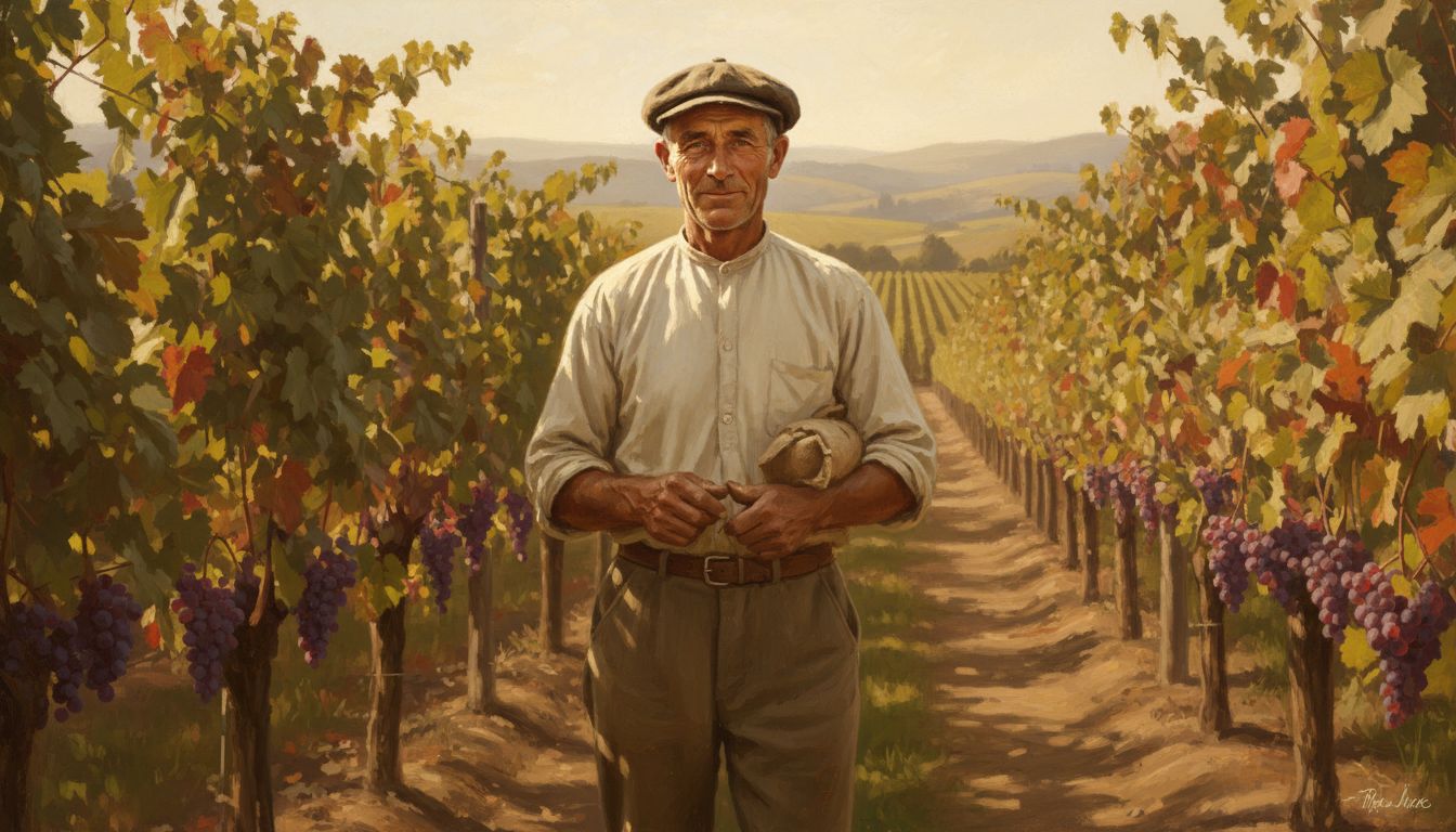 러시안 잭 바렛 크루먼의 실사 초상화, 포도밭 배경에서 모자를 쓰고 걷는 모습