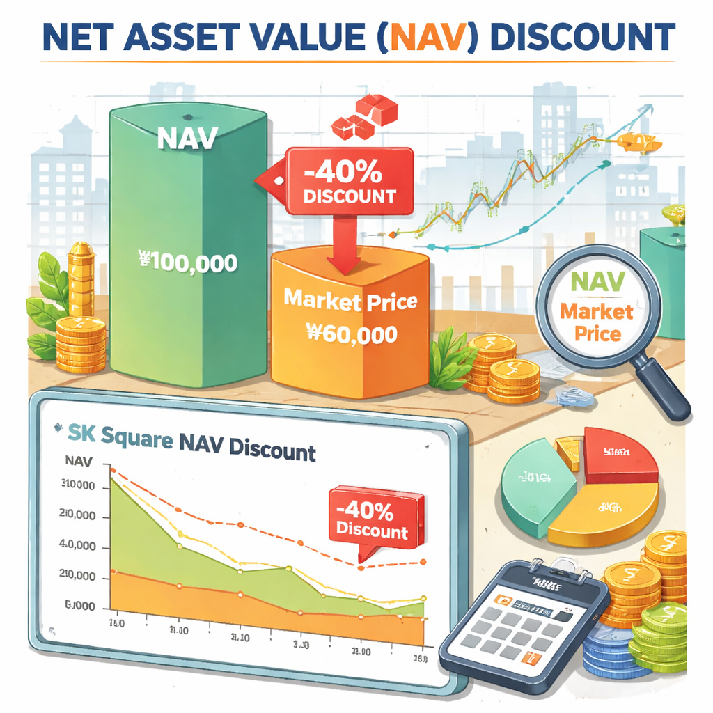 SK스퀘어의 NAV 할인율 개념과 주가 저평가를 설명하는 인포그래픽 이미지