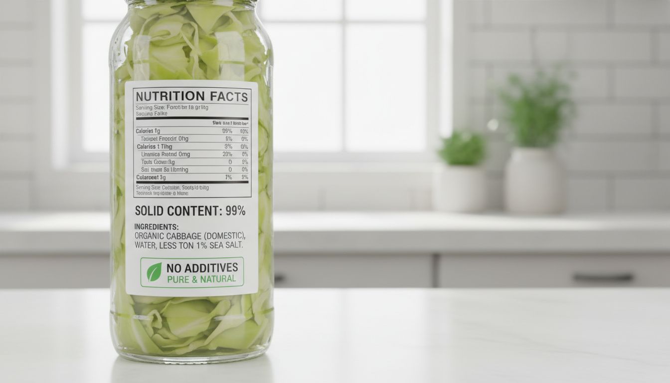 고형분 함량과 국내산 유기농 양배추 원산지, 무첨가 표시가 선명한 제품 라벨 클로즈업